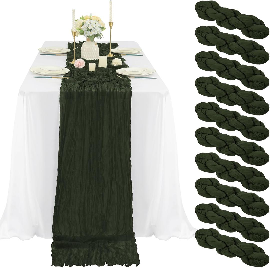 10 Pcs Hunter Green Cheesecloth Table Runner 10FT, Gauze Table Runner for Wedding Reception Sheer Bridal Shower Birthday Party Boho Table Decoration, Rustic Romantic Wedding Runner