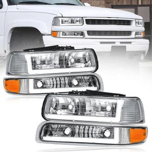 LED DRL Headlights Assembly for 1999-2002 Chevy Silverado 1500 2500 1500HD 2500HD 3500/2000-2006 Tahoe Suburban 1500 2500 Replacements Headlamp Amber Reflector Chrome Housing