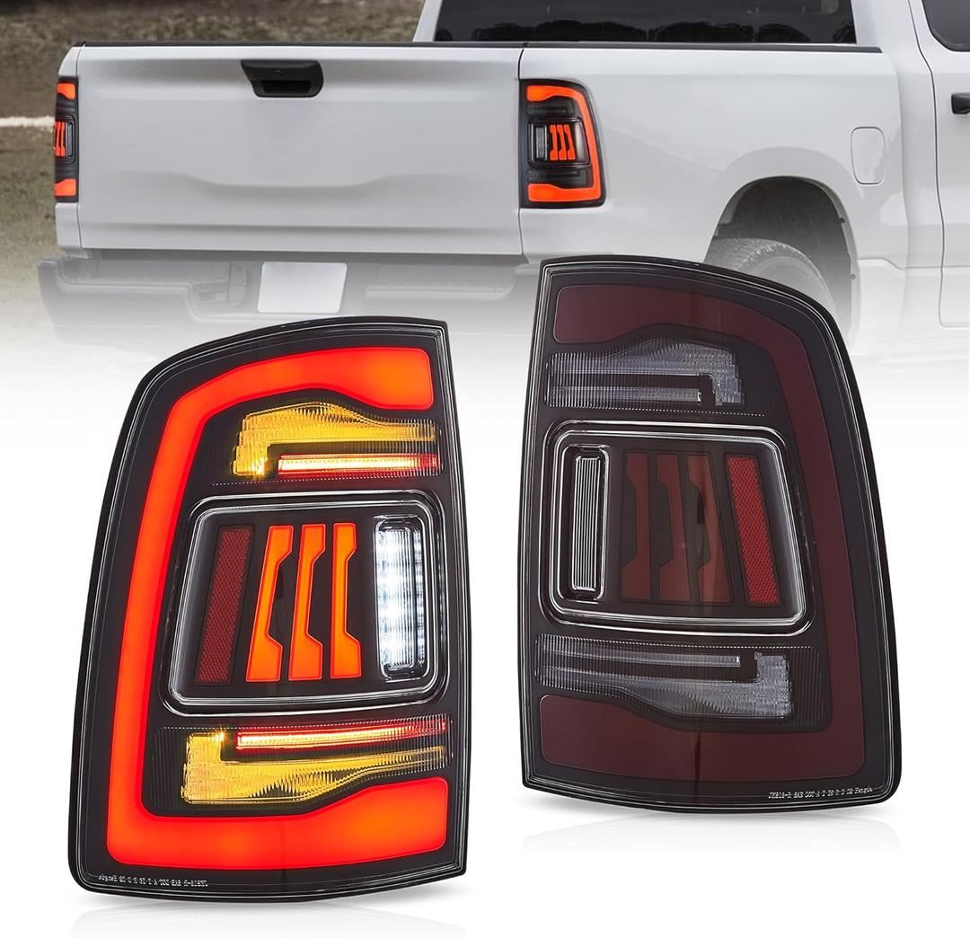 VLAND Tail Lights Compatible with 4th Gen Dodge Ram 1500 2009-2018 Ram 2500/3500 2010-2018, Rear Lights w/Startup Animation w/Amber Sequential, Fit Led/Halogen Models One Set Color Red