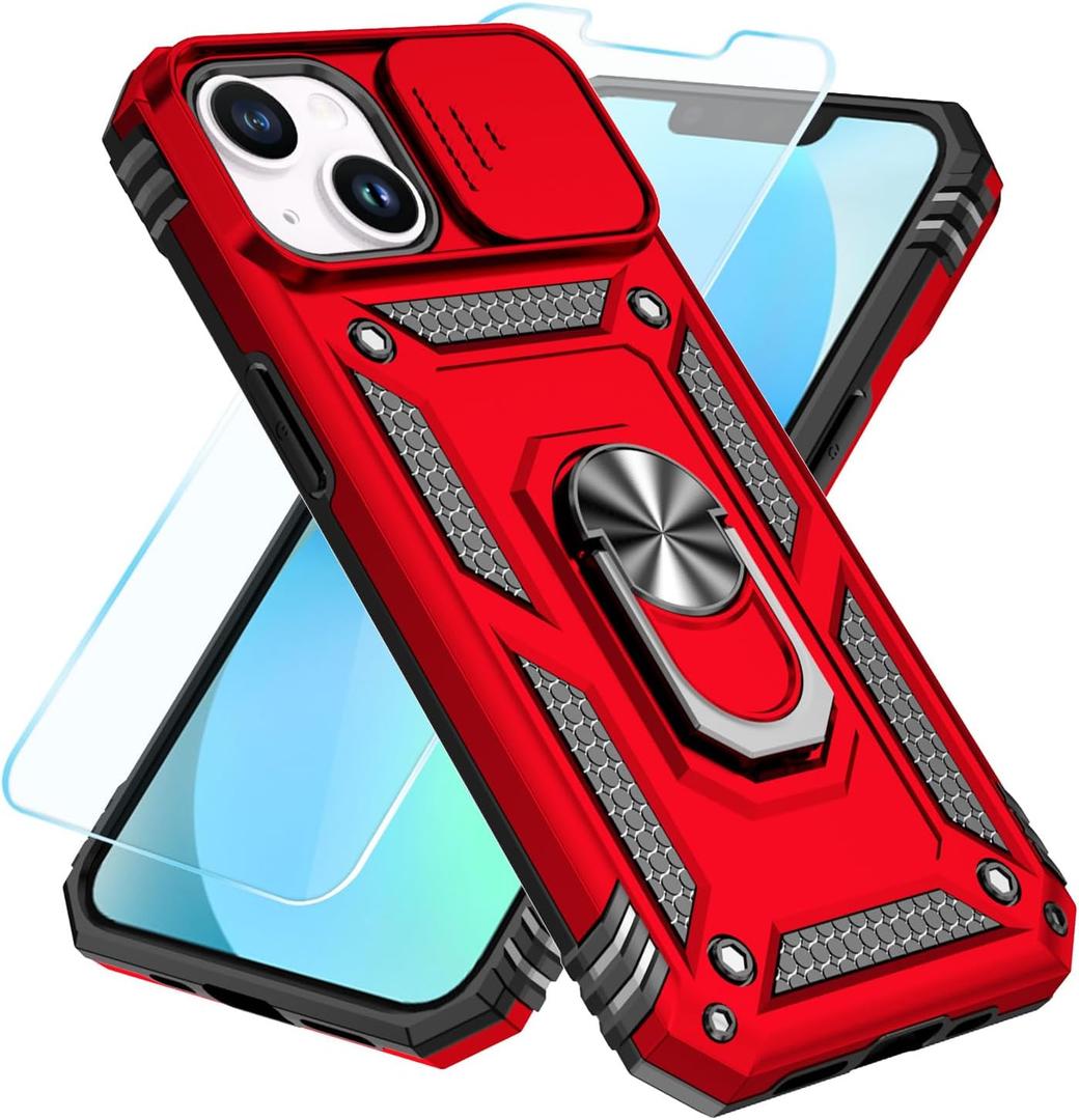 SunStory Compatible with iPhone 12/13 Mini Case with HD Screen Protector & Slide Camera Cover & Rotated Ring Kickstand, [Military-Grade] Phone Case for iPhone 12/13 Mini (Red)