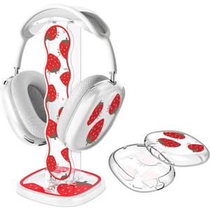 CamyCosy Headphone Stand Gaming Headset Holder with Silicone Ear Pad/Ear Cups Case for AirPods Max Headphones, Strawberry Pattern Clear Headset Stand Accessories for Desk