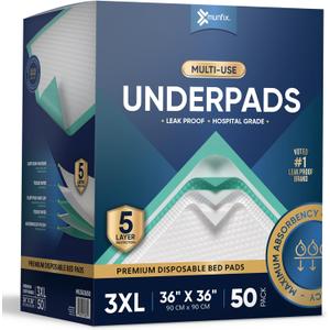 50 Pack Disposable Bed Pads 36 X 36 Inches, Super Absorbent Extra Large Incontinence Underpads, 125 Gram Heavy Duty Ultra Absorbency Medical Chux, Baby Changing Pad, Dog Puppy Pet Training Pee Pad