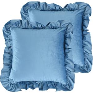 Velvet Ruffle Throw Pillow Covers Couch, Set of 2 Decorative Pillowcases with Ruffles 20x20 Inch Solid Color Shabby Chic Farmhouse Cushion Cover for Living Room Sofa Bed, Slate Blue