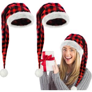 Long Santa Hat for Adult | Red Buffalo Plaid Christmas Hats,Xmax Holiday Hats for Party, Fluffy Plush Santa Claus Hats