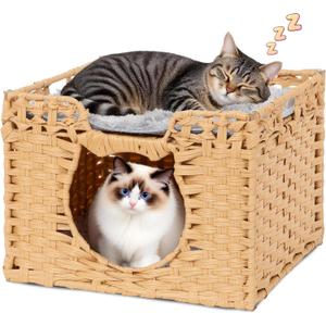 Handwoven Rattan Cat Cave w/Two Cushions, Cat Beds Indoor Kitten House, Wateproof & Foldable Pet Cube Bed, Natural Color, 16.5L x 16.5W x 12.6H