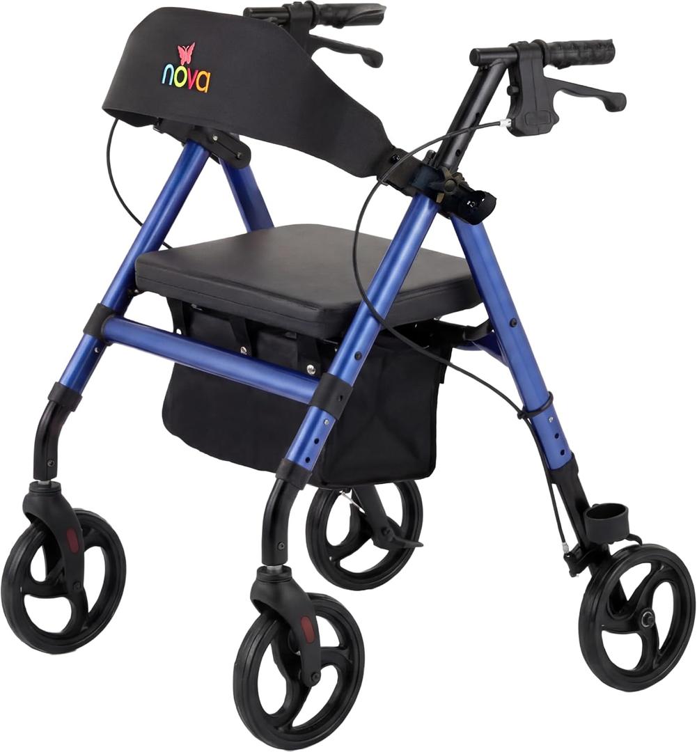 NOVA Vega Rollator Walker - Lightweight 18 lb Folding Mobility Walker, 8” Wheels, Adjustable Height, Hand Brakes, Padded Seat & Backrest, Blue