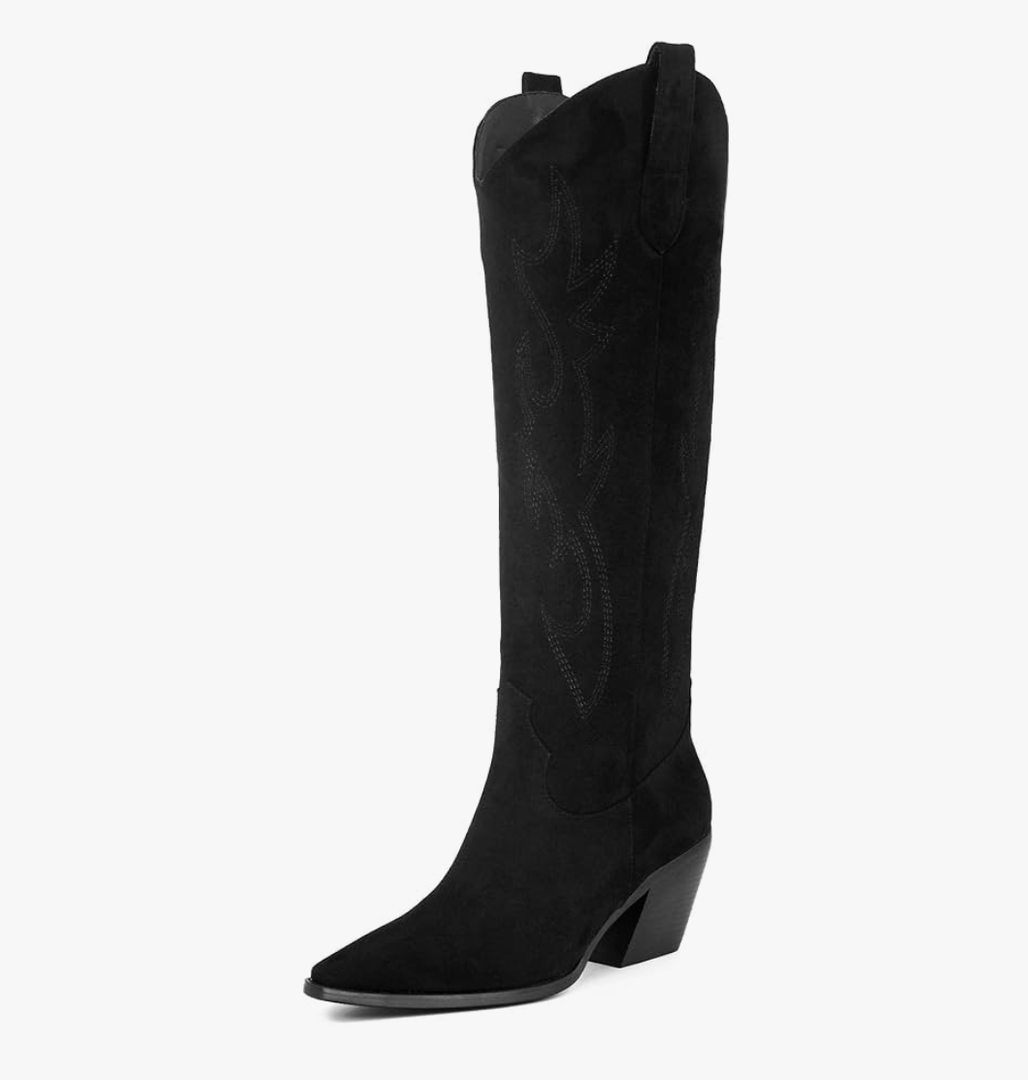 iiimmu Cowgirl Boots Women Knee High Boots Pointed Toe and Block Heel Cowboy Suede and Faux Leather Boots with Embroidered 8.5