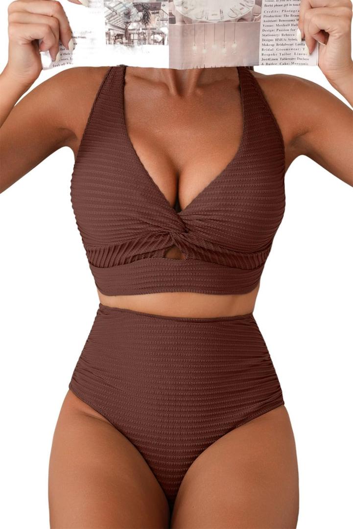 Herseas Women's Textured Bikini Sets Twist Front Top Swimsuits High Waisted Bathing Suits (Brown, XL)