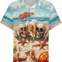 Mens Beer Skull Print Button Down Shirt Fun Hawaiian Shirts Casual Beach Shirt Short Sleeve (Blue, XXL)