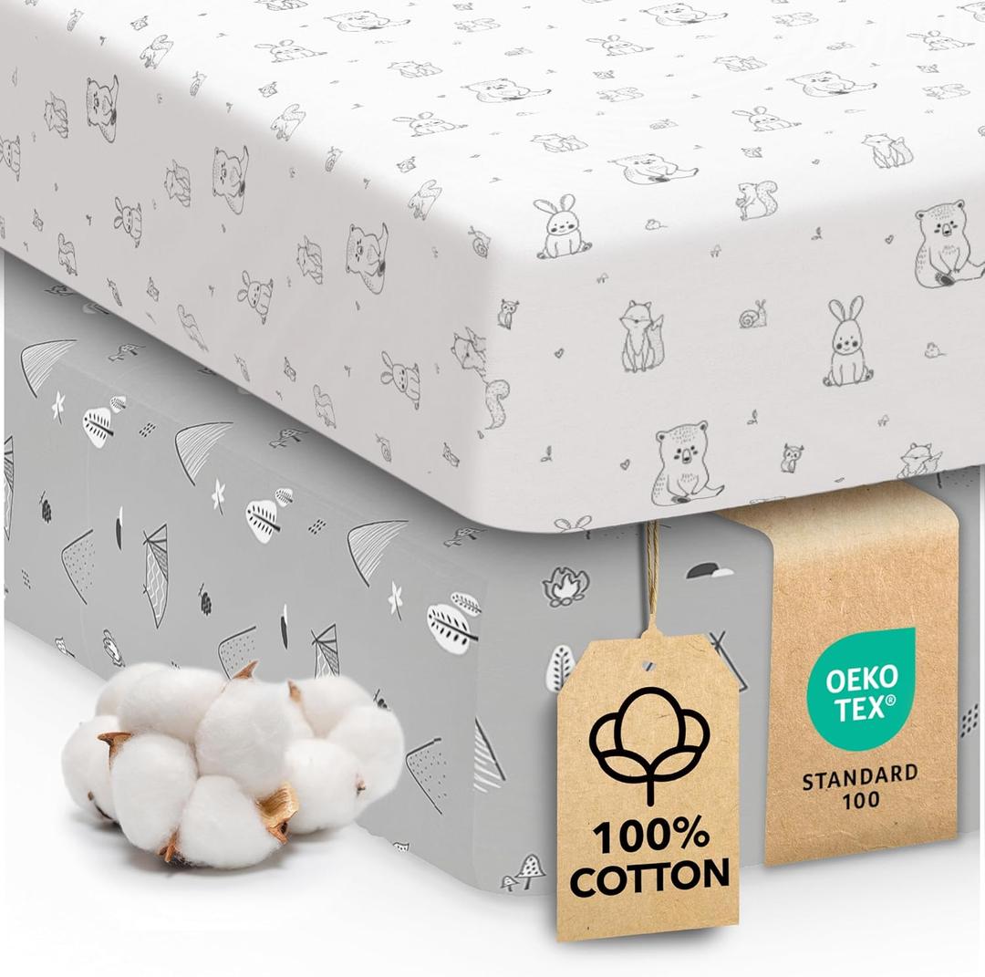 Cotton Crib Sheets 2 Pack  Sweety Fox Mini Fitted Sheets for Baby Boys and Girls, Soft Jersey Knit for Crib or Toddler Bed, Woodland Print