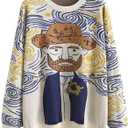 Women's Long Sleeve Crew Neck Sweatshirt Knit Pullover Casual Van Gogh Cartoon Sweater (Beige, XXL)