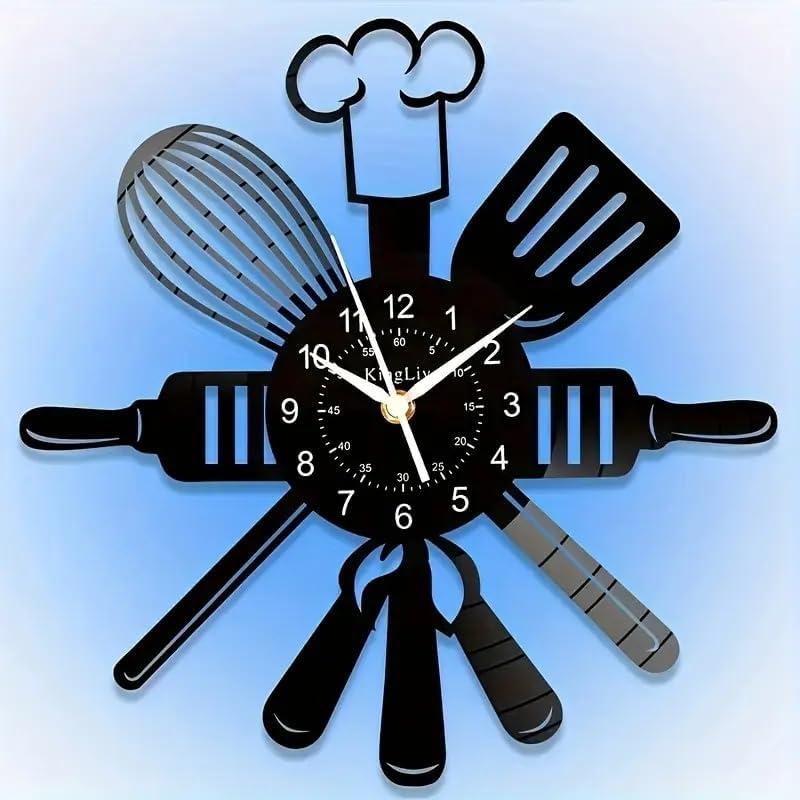 Kitchen Wall Clock with LED Lights, Black Metal Utensils Design, 11.81x11.81 Inch, Modern Decorative Clock for Living Room, Dining Room