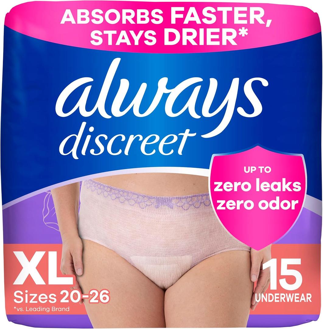 Always Discreet Adult Incontinence Underwear for Women and Postpartum Underwear, Extra Large, Up to 100% Bladder Leak Protection, 15 Count