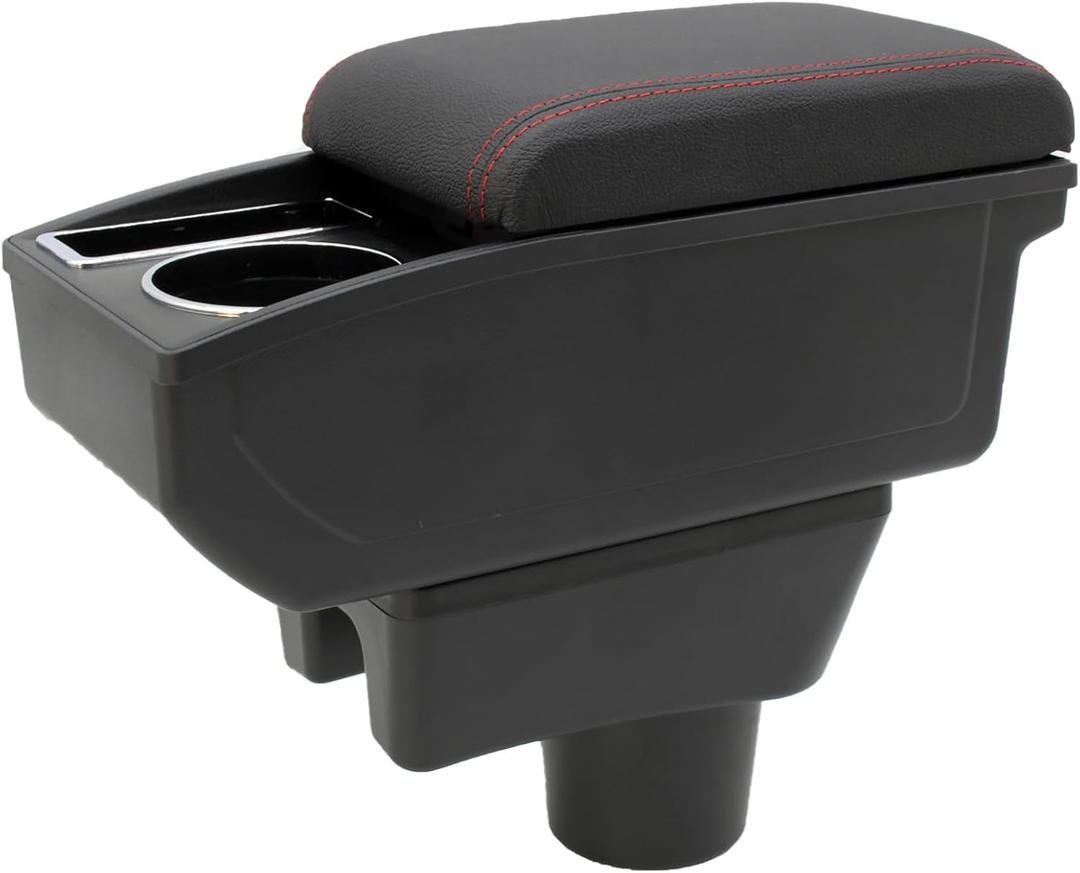 For Mitsubishi Mirage 2014-2024 Car Armrest Box Center Console Accessory Leather Arm Rest Double-Layer Storage Space with Cup Holder (Red Thread)