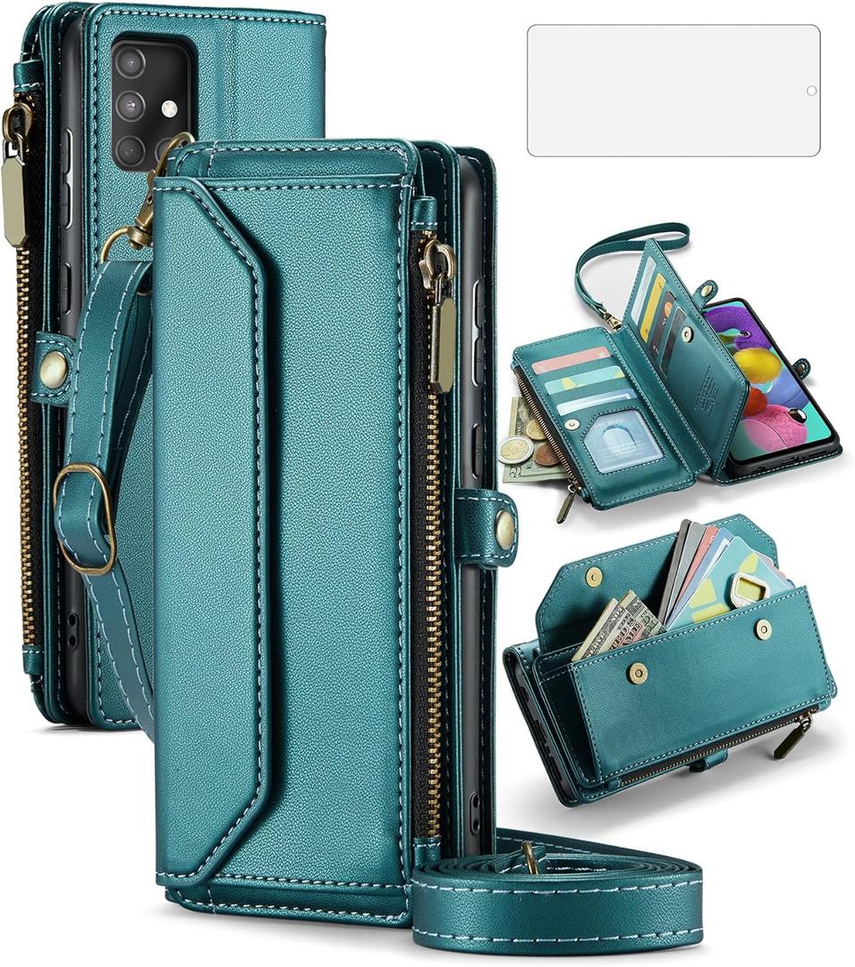 Asuwish Phone Case for Samsung Galaxy A51 4G Zipper Wallet Cover with Tempered Glass Screen Protector and Flip RFID Blocking Cash Card Holder Cell Accessories A 51 M40S 51A A515F S51 Women Girls Green