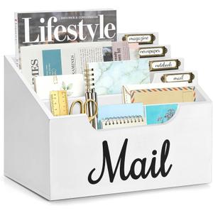 Rustic Wood Mail Organizer Countertop with 4 Slots, Black Mail Holder for Desk, Removable Dividers Mail Sorter, Letter Bill File Organizer for Home Office Classroom, Desktop Organizer with Free Labels