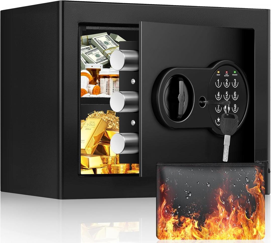 1.2 Cu Ft Home Safe Fireproof Waterproof, Small Fireproof Safe Box with Fireproof Money Bag, Programmable Keypad and Removable Shelf, Security Digital Safe for Home Money Firearm Medicines Valuables