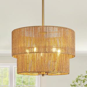 Rattan Chandelier Light Fixtures: 18 inch Boho Pendant Lights with Wicker Lampshade, E12 5 Light Height Adjustable Hand Woven Hanging Chandeliers for Dining Room Kitchen Farmhouse Living Room (Gold)