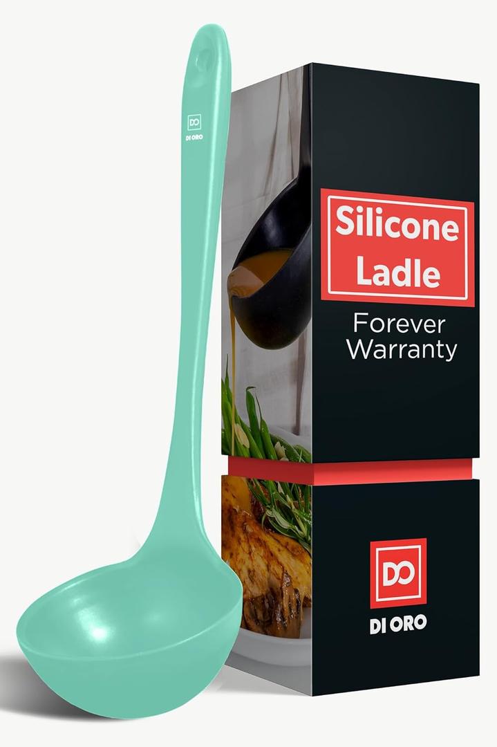 DI ORO Silicone Ladle  Soup Ladle for Cooking & Serving Heat-Resistant - Large Kitchen Soup Ladle Nonstick Cookware Safe - Soup Serving Spoon with Wide Bowl - Silicone Utensil Dishwasher Safe (Mint)