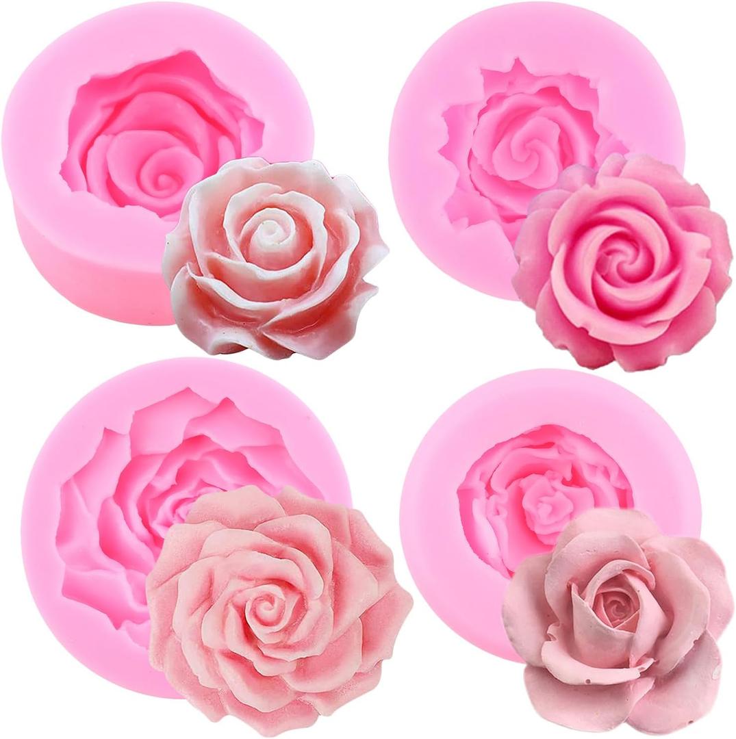 ZiXiang Bloom 3D Rose Flower Fondant Silicone Molds for Sugarcraft Cake Decorating Soap Candle Candy Chocolate Gum Paste Polymer Clay Set of 4