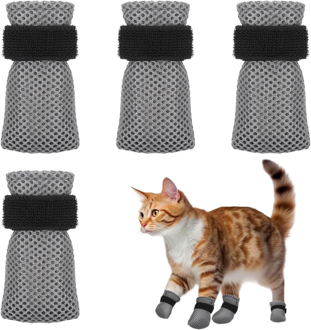 4 Pcs Cat Mittens to Prevent Scratching Adjustable Cat Claw Protectors Covers Mesh Breathable Cats Shoes Kitten Shoes Socks Booties Anti Scratch Kitten Foot Covers for Pet Bathing Cutting Nails (Gray)