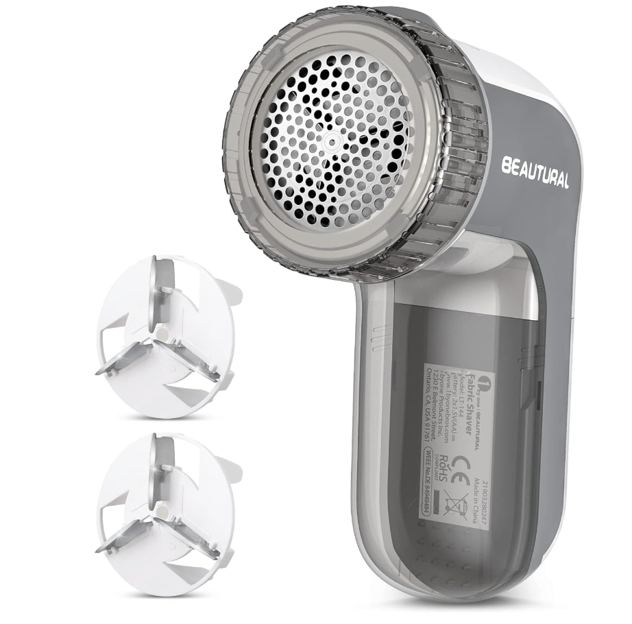 BEAUTURAL Fabric Shaver and Lint Remover, Sweater Defuzzer with 2-Speeds, 2 Replaceable Stainless Steel Blades, Battery Operated, Remove Clothes Fuzz, Lint Balls, Pills, Bobbles Gray