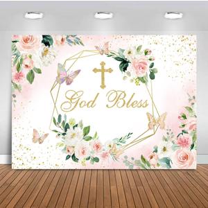 Sensfun God Bless Backdrop for Girl Baptism Party First Holy Communion Confirmation Decorations Pink and Gold Floral Christening Photography Background Photoshoot Banner (7x5ft)