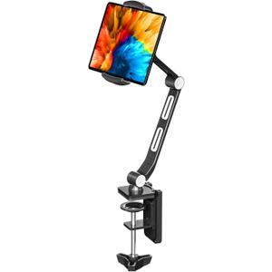 suptek Aluminum Alloy Cell Phone Desk Mount Stand 360 Tablet Stand and Holders Adjustable for iPad, iPhone, Samsung, Asus and More 4.7-11 inch Devices, Good for Bed, Kitchen, Office (YF208B) (Black)