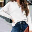 SHEWIN Womens Casual V Neck Sweatshirt Long Sleeve Lightweight Drop Shoulder Solid Pullover Tops (White, XXL)