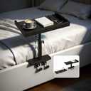 Adjustable Bedside Shelf for Dorm Room Bunk Bed & Top Bunk, Rotatable Bamboo Bedside Tray with Metal Telescopic Rod, College Dorm Room Clip-on Bedside Table, Loft Nightstand Organizer, Black (Small)