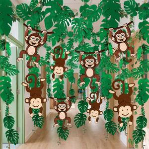77 Pcs Jungle Monkey Themed Party Decorations Rainforest Tropical 2026 Vbs Safari Birthday Decor with 12 Felt Hanging Monkeys 98.4ft Kraft Paper 14.4ft Artificial Rattan 60 Leaf Garland for Classroom