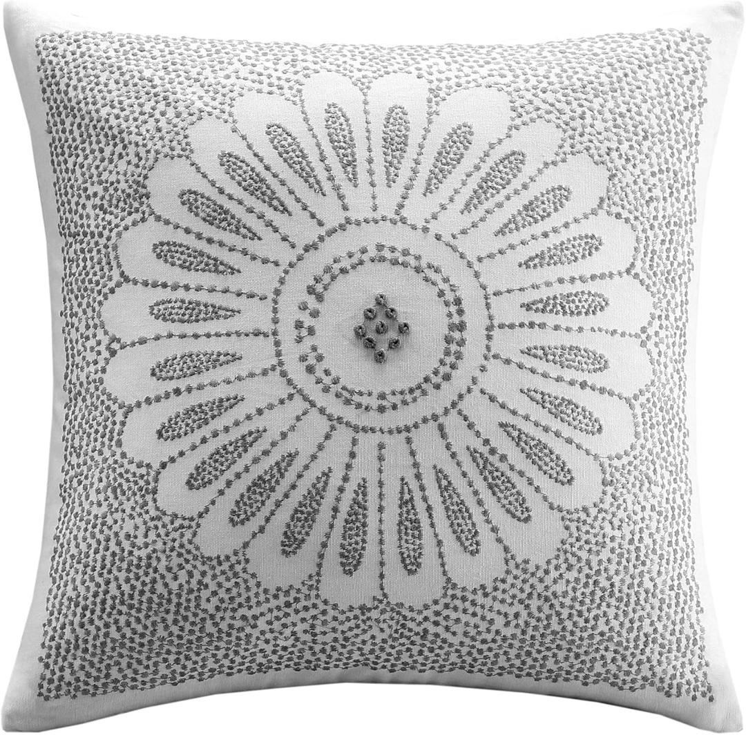 INK+IVY Sofia Mid Century Modern Cotton Square Decorative Pillow Sofa Cushion Lumbar, Back Support, 20"x 20", Medallion Embroidery Grey (20"x20", Sofia Medallion Grey)