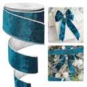 HUIHUANG Turquoise Blue Velvet Wired Ribbon 2.5 inch Blue and Silver Christmas Ribbon for Tree Decorations, Bows, Wreaths, Garlands, Gift Wrapping- Continuous 10 Yards