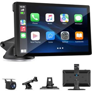Wireless Carplay Screen for Car with 4K Dash Cam, 9" Portable Carplay & Android Auto, Car Touchscreen with 1080p Backup Camera, GPS/Voice Control/FM//Mirror Link/Bluetooth