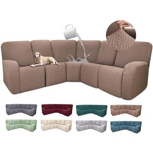 ROFASVCO 100% Waterproof Sectional Recliner Couch Covers for Reclining Couch L Shaped Corner Sectional Sofa Cover Jacquard Stretch L Shape Recliner Slipcovers (5 Seater Cover, Light Coffee)