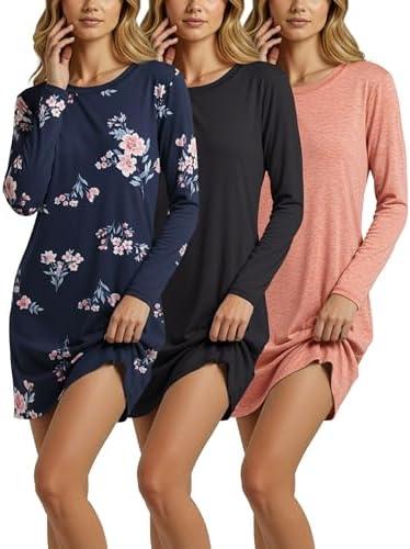 Real Essentials 3 Pack: Ultra-Soft Night Shirt for Women Long Sleeve Sleep Shirt Nightgown, L
