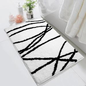 Tititex Luxury White Black Curve Line Bathroom Rug, 16x24 inch Extra Soft and Absorbent Microfiber Bath Rugs, Non-Slip Plush Shaggy Bath Carpet, Bath Mats for Bathroom Floor, Tub and Shower