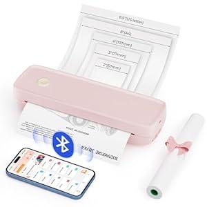 MUNBYN Portable Printers Wireless for Travel ITP04, Inkless Printer, Thermal Bluetooth Printer, Support 8.5x11&A4 Thermal Paper, Compatible with Android and iOS Phone & Laptop, Small Printers (Pink)
