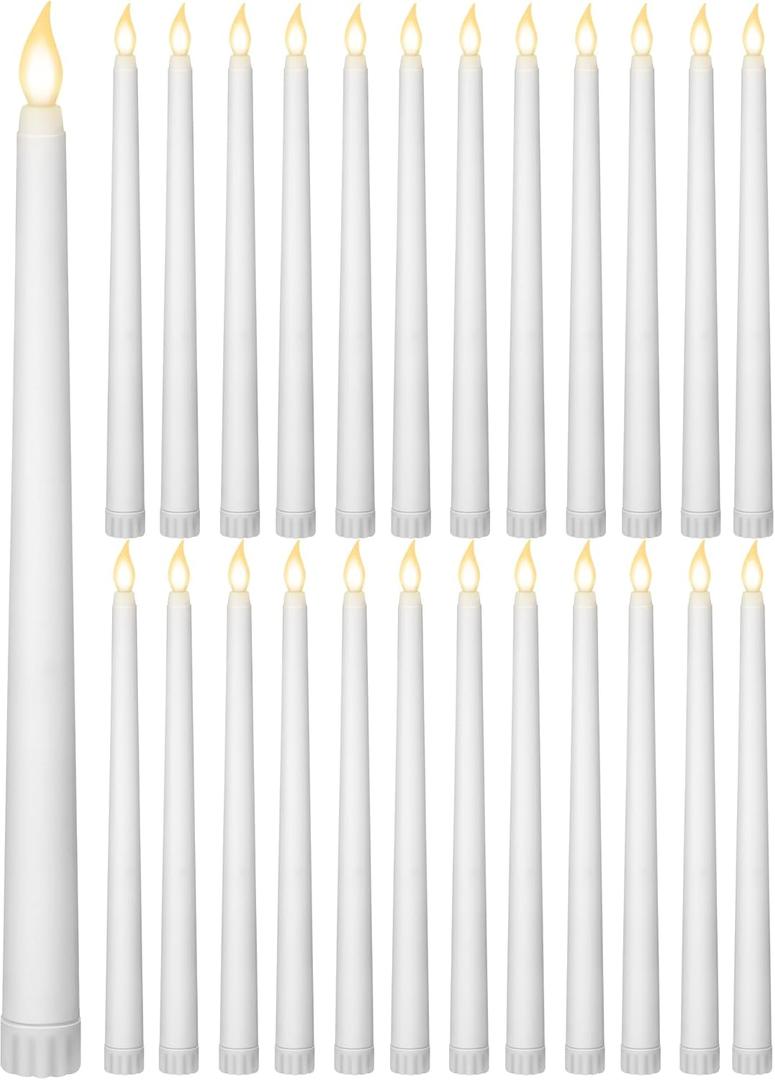 24 Pcs Flameless Taper, LED Faux Wax Candle Lights LED Candles Battery Operated Candles Flickering Taper for Birthday Christmas Wedding Party (White, Basic)
