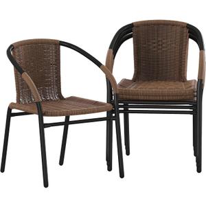 Flash Furniture Lila Modern Rattan Indoor/Outdoor Stackable Dining Chairs, Stacking Rattan Bistro Chairs for Patio or Restaurant, Set of 4, Brown