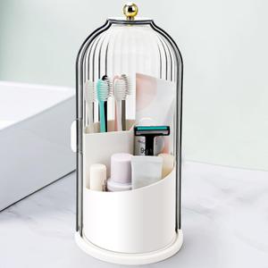 QIYVLOS Toothbrush Holders with Sliding Lid, Rotating 3 Slots Bathroom Organizer Countertop, Tooth Brush Toothpaste Holder Bathroom Counter Stand Sink Organizer Caddy for Vanity Makeup Brushes Holder (White+ Transparent Black)