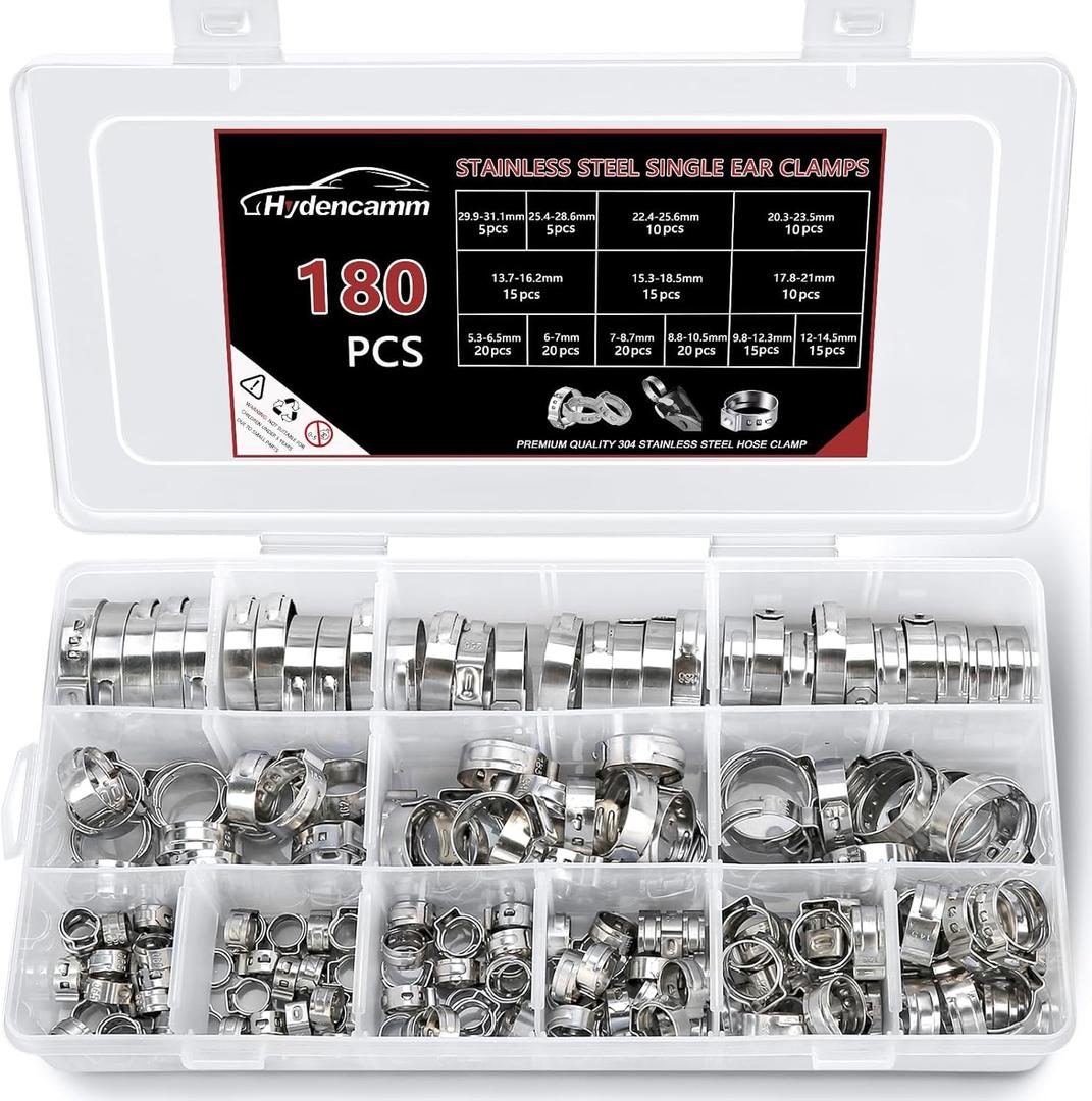 180PCS 13 Sizes Single Ear Hose Clamps, 5.3-31.1mm 304 Stainless Steel Single Ear Hose Clamp Kit, Cinch Clamp Rings Assortment Kit For Securing Pipe Hoses and Automotive Use