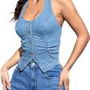 OYOANGLE Women's Vintage Denim Crop Tank Top Summer Button Front Sleeveless Halter Jean Vest (Large)
