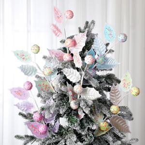 12 Pcs 16 Inch Pastel Christmas Decor Leaf Picks Pastel Candy Christmas Tree Picks Artificial Glitter Macaron Ornaments for Xmas Tree Decorations Topper Vase Filler Wreath Holiday Decor