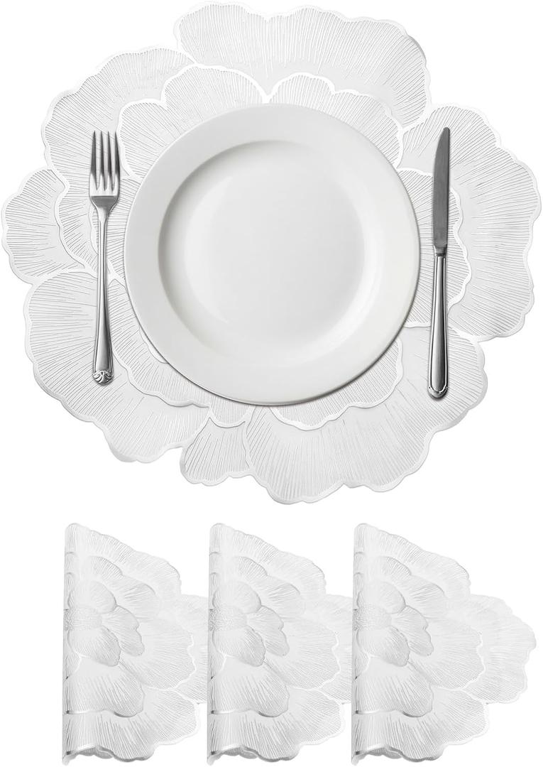 uxcell Silver Edge White Floral Rose Round Placemats Set of 4 for Dinner Tables, Metallic Polyvinyl Pressed Placemats Washable Table Mats for Dinner Table Decor (15" x 15"/38 x 38cm)