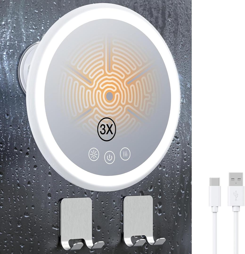 Gospire 3X Magnifying Heated Shower Mirror Fogless for Shaving, 5000mAh Battery, 360 Swivel & Magnetic Design, 8.3 Anti-Fog Shower Shaving Mirror with 3 Color Lights, Includes 2PCS Adhesive Hooks (White)