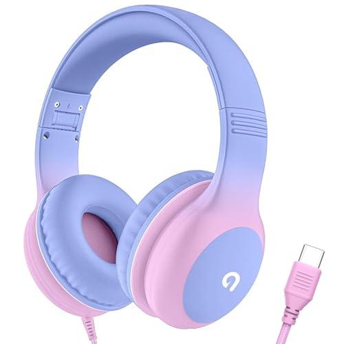 ADOOPE Wired Kids Headphones with USB C Plug, 85dB Safe Volume, Adjustable Headband, Tangle-Free Cord Headphones for School, Tablet, Travel (Light Purple & Pink, Without Microphone)