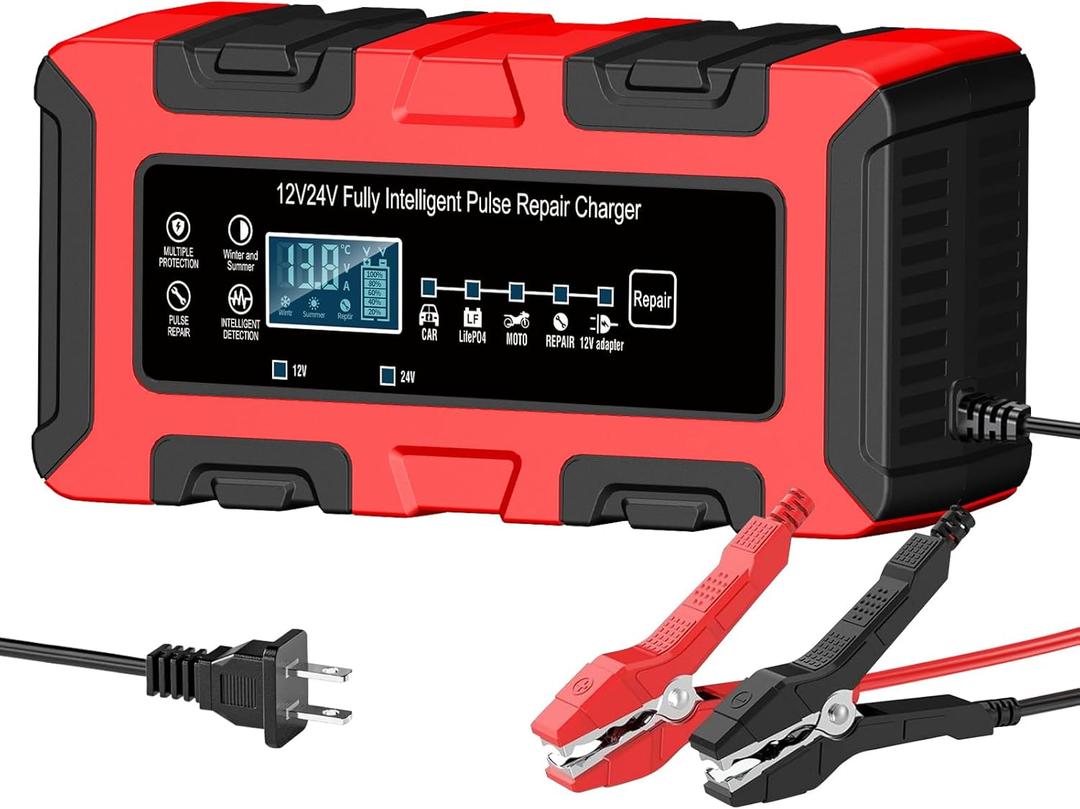 E-FAST Battery Charger 10A 12V/24V LiFePO4 Lead Acid Fully Automatic Battery Maintainer, Car Battery Trickle Charger Automotive w/Repair, Winter Mode, for AGM, STD, Gel, Deep Cycle Batteries