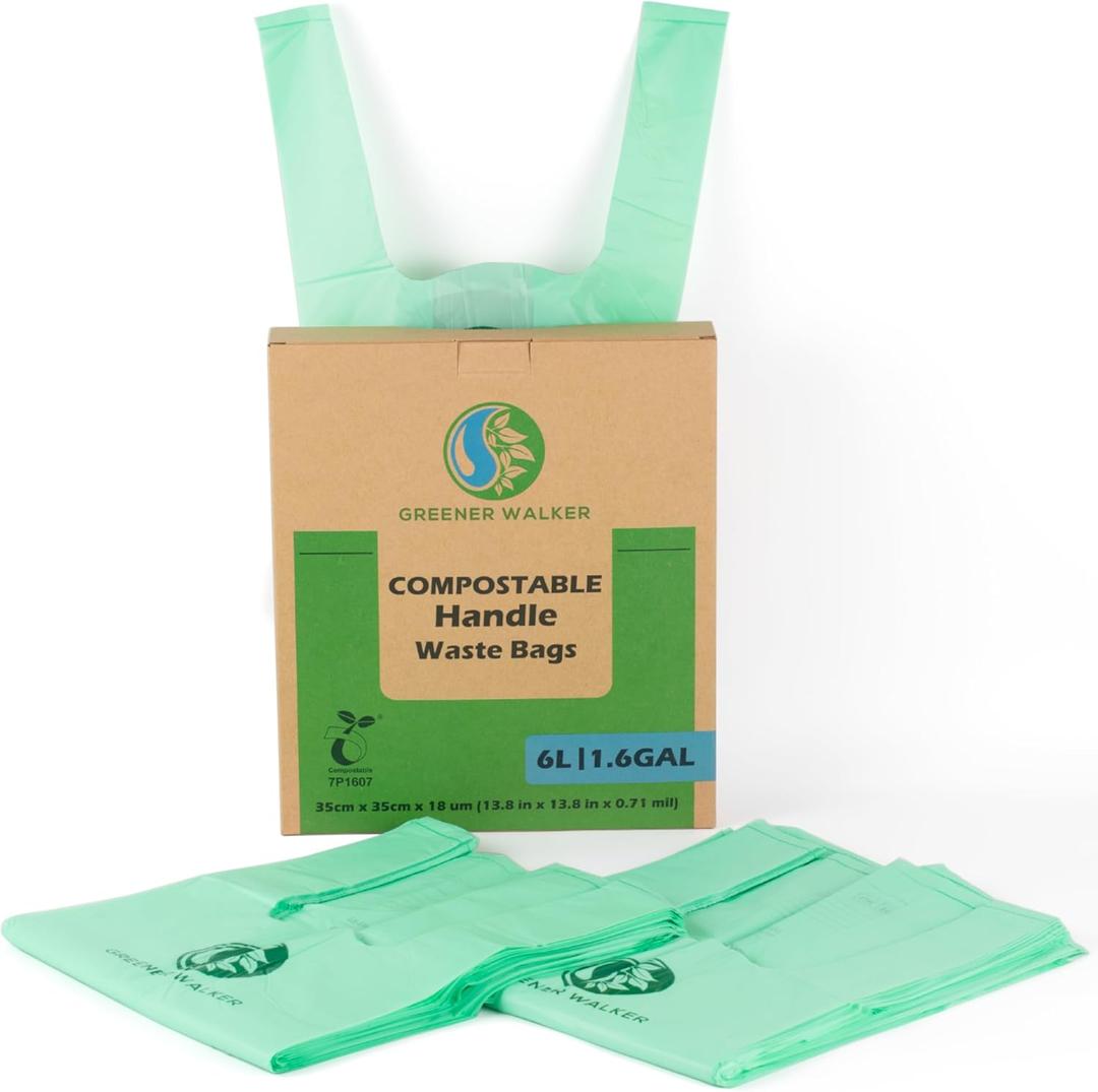 GREENER WALKER 100% Compostable Trash Bags with Tie Handles, 1.6 Gallon-150Bags, Food Scrap Kitchen Waste Bags with EN13432 Certified