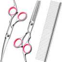 Dog Grooming Scissors with Safety Round Tips Stainless Steel Professional Dog Grooming Kit - Thinning, Curved Scissors and Comb for Cat Pet (Pink 4 in 1)